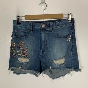 Express Women's Denim High Rise Cutoff Jeweled Size 4 Stretch Distressed Raw Hem
